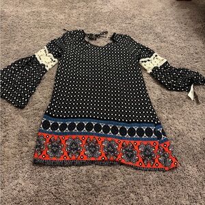 Ing Black and Red bell sleeves boho fGeometric Mini Dress